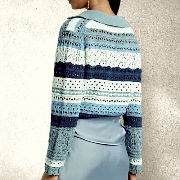 Jonathan Simkhai Roxana  Macrame Blue Striped Crop Crochet Sweater Top V-neck S - Picture 2 of 14